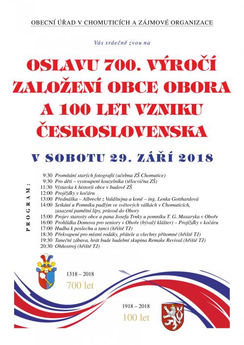 Oslava 700.výročí založení obce Obora a 100 let vzniku Československa